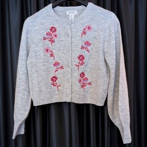 Jessica Simpson Gray Cardigan with Pink Floral Embroidery